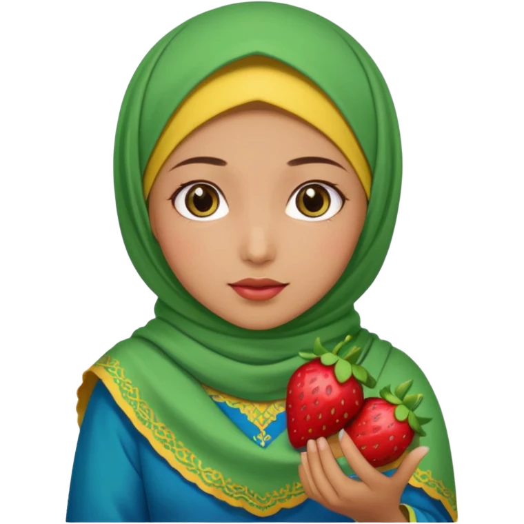 Turkish beautiful finish Konya girl blue eyes with red yellow green hijab islamic dress and had on her hand strawberry  emoji
