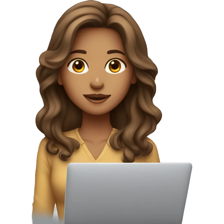 Girl with long semi-wavy brown hair and tan skin, working on macbook emoji