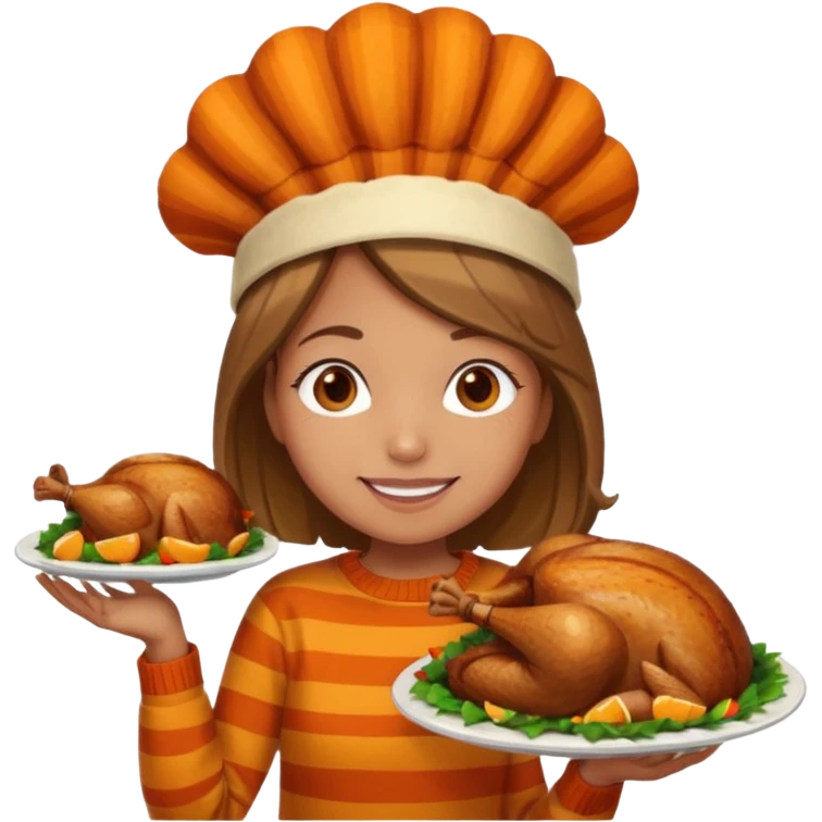 happy tan girl with an orange striped sweater and a cooked browned turkey on her head  emoji