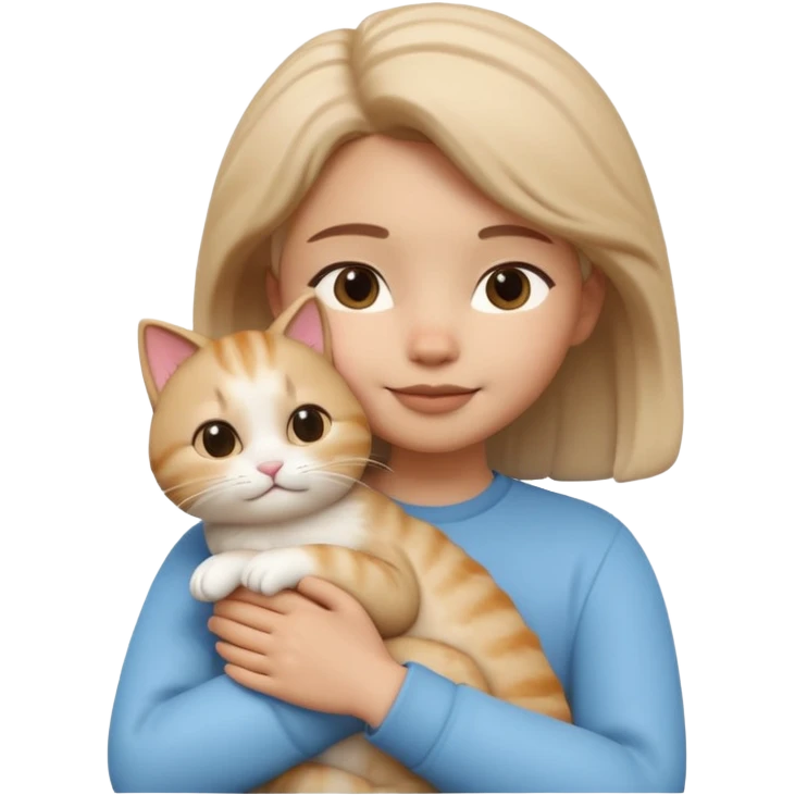 "Apple Memoji style 3D character, a young person gently petting and hugging a cute fluffy cat, peaceful and happy facial expressions, soft studio lighting, clean 3D clay render, vibrant colors, minimalist aesthetic, high detail, high resolution, isolated on a plain white background." emoji