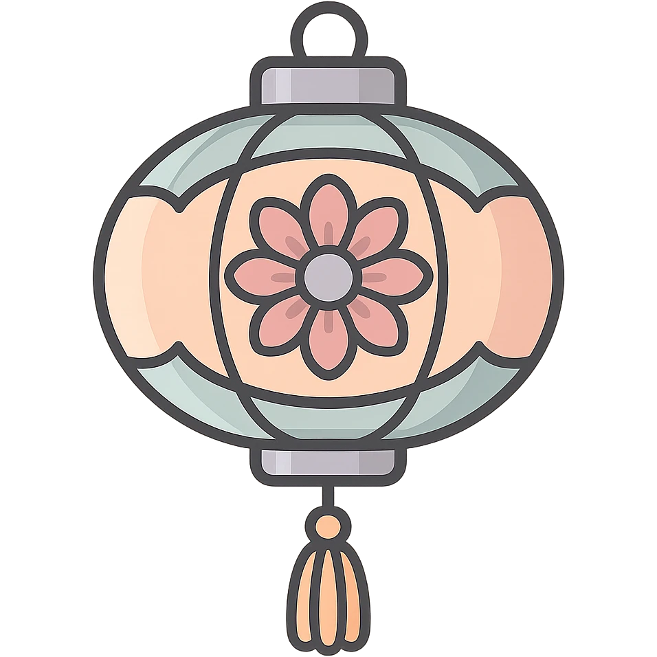 elegant Chinese lantern with floral pattern and many petals, detailed shadows and highlights, thin clean outlines, soft rounded shapes, pastel palette #98B5BC, #B5B3C1, #C9A3C9, #E4C0CA, #F7DCD1, #F7C0AA, modern Japanese pop-art and sticker aesthetic, high detail, vector sharpness, soft lighting, transparent background emoji