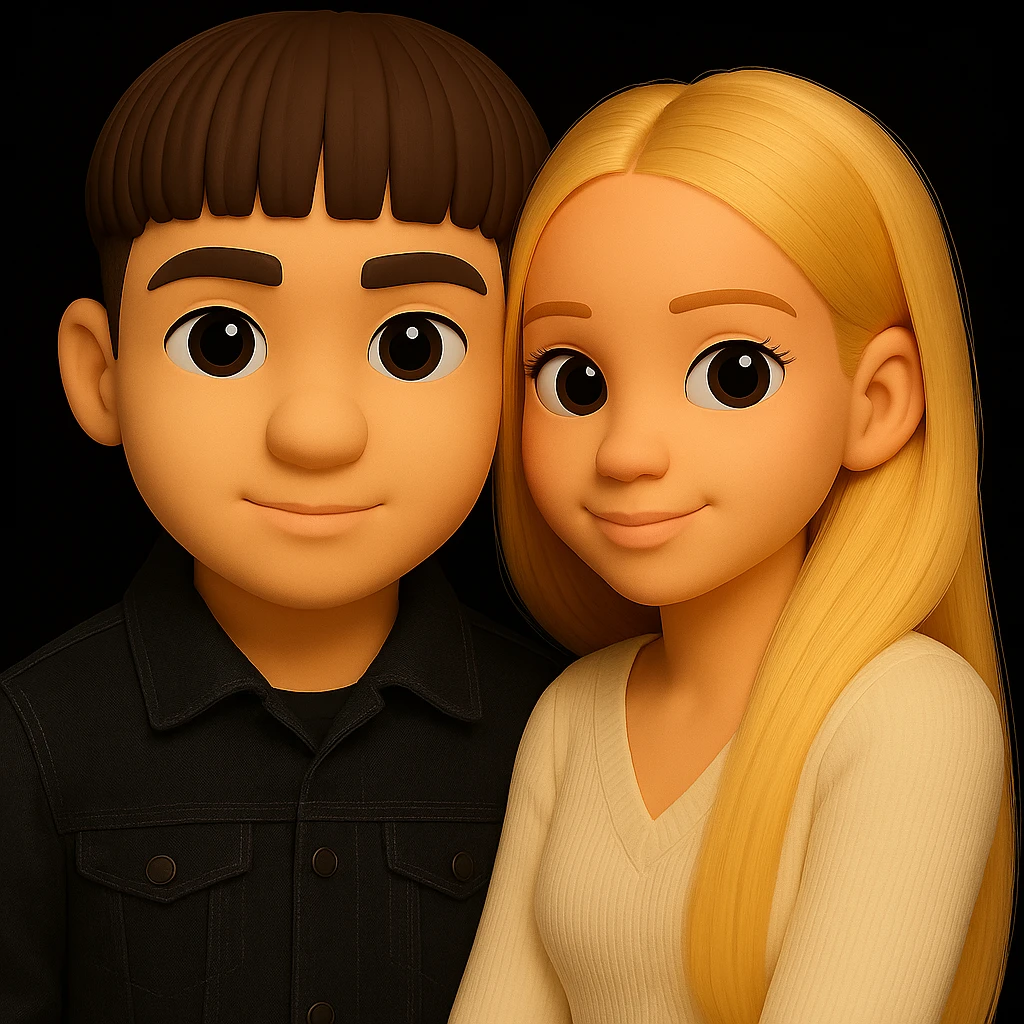 Change the boy's outfit to a black denim jacket, keeping the 3D emoji style unchanged. The girl should remain the same. The style is 3D emoji style, so maintain the look and feel of Microsoft style 3D fluent emojis. emoji