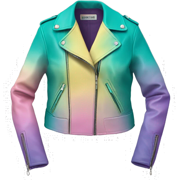Realistic isolated side view of an open teal,pastel pink,pastel purple,and yellow ombre feminine fashion leather jacket.  emoji