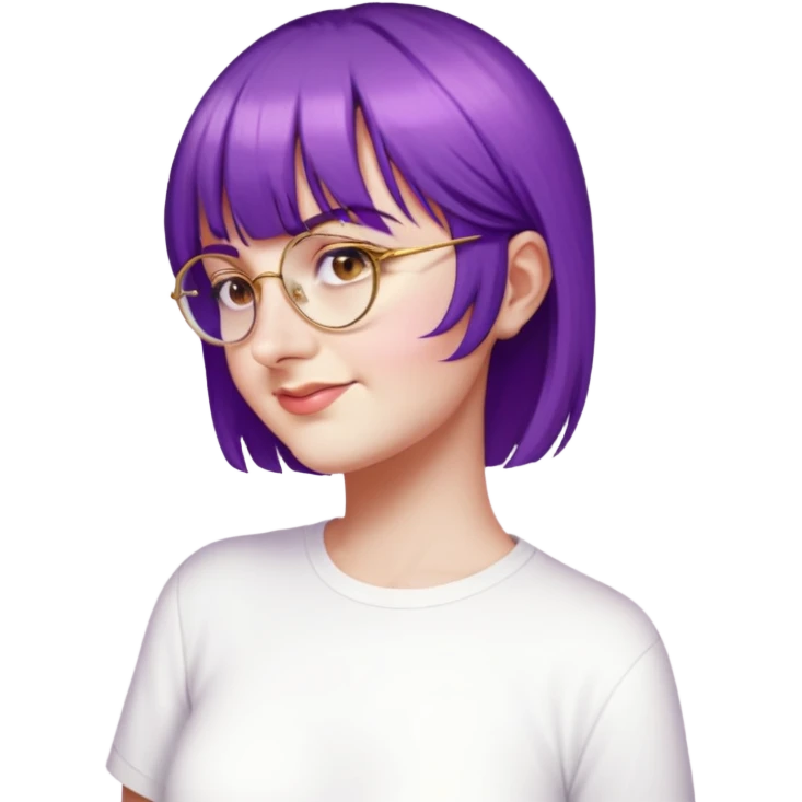 female, white shirt, hair to the shoulder, bangs, golden round glasses  emoji