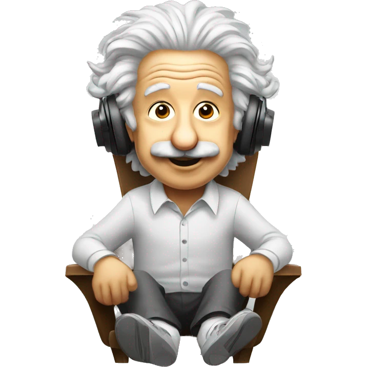 albert einstein happy listening music with wireless headphones while sitting on the chair emoji