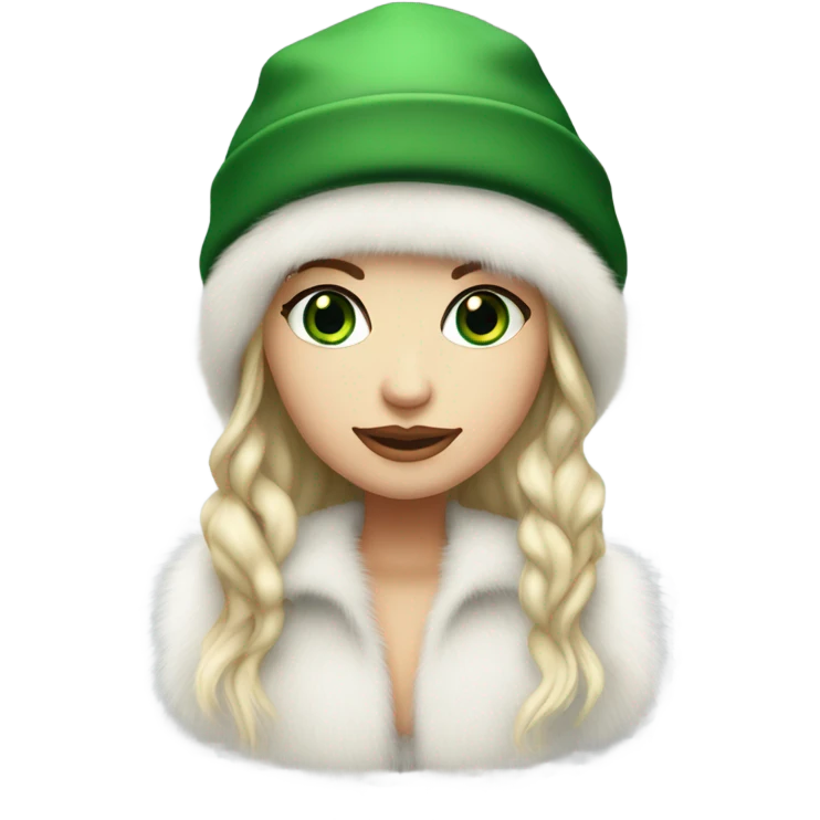 Realistic White girl with Long straight blonde hair, green eyes, tattoos, full body wearing white fur coat and fur hat emoji