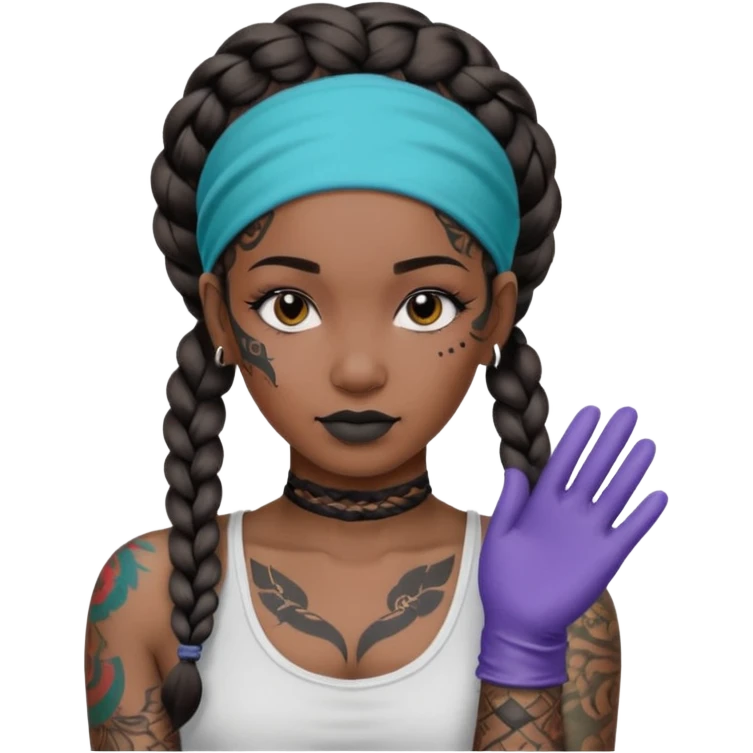 big lose braids starting from the top of the head woman face wiith big visible braids and mono color headband on head  face and braids as big as headband and lots and lots of face tattoos colored tattoos like a tattoo artist emoji