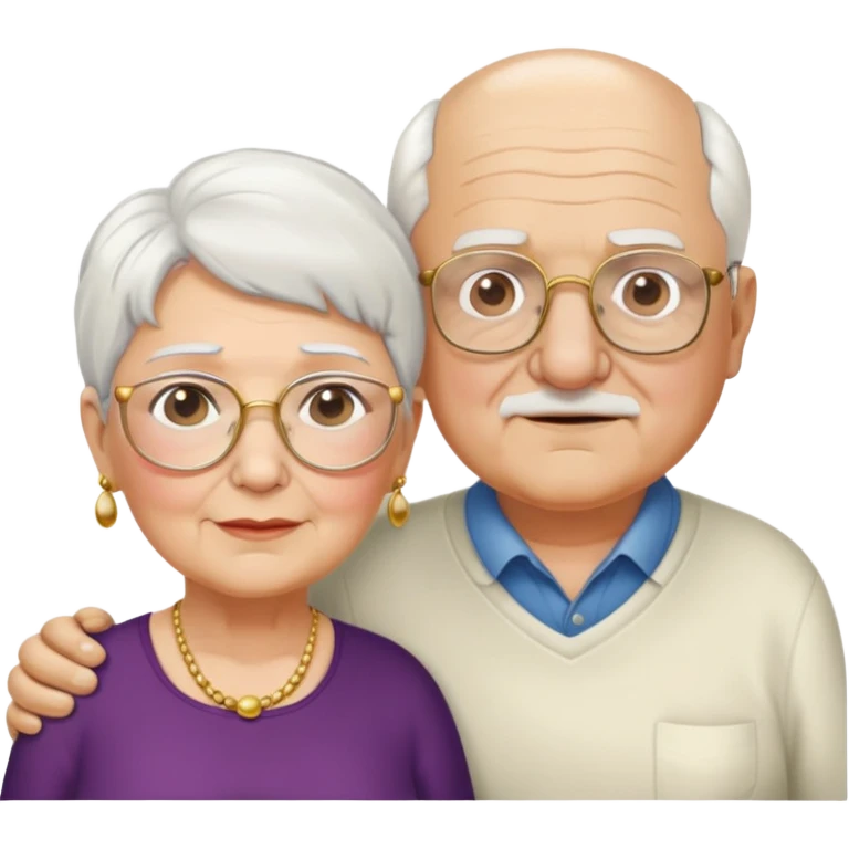 Una abuela italiana blanca con cabello corto blanco y aretes de oro, junto a su esposo abuelo de piel blanca italiano un poco gordo con pelo blanco corto y lentes  emoji