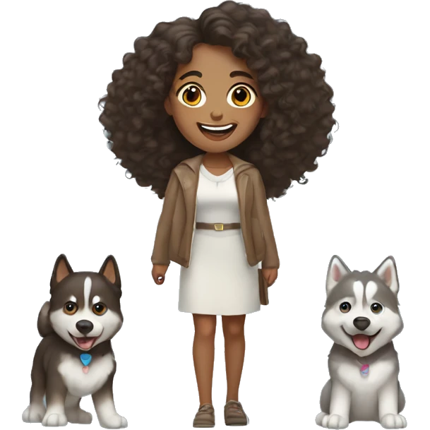 light skin woman with long dark brown curly hair expressing joy alongside two husky's emoji