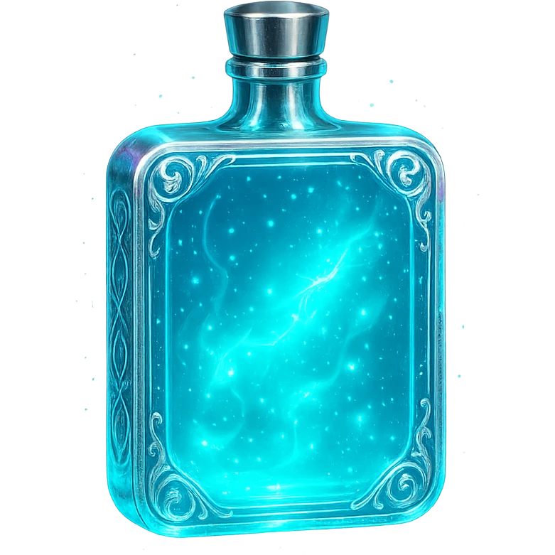 modernus prabangus eliksyro buteliukas, tabletės forma, cyan spalva, holografiniai ir sidabriniai ornamentai, itin stiprūs magiški švytėjimai ir efektai, labai mažas kaklelis, skaidrus fonas, vientisas dugnas, be šešėlio, plūduriuoja ore, kolekcijos stilius emoji