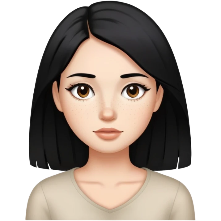 woman with silky straight black hair, subtle makeup, and cute freckles emoji