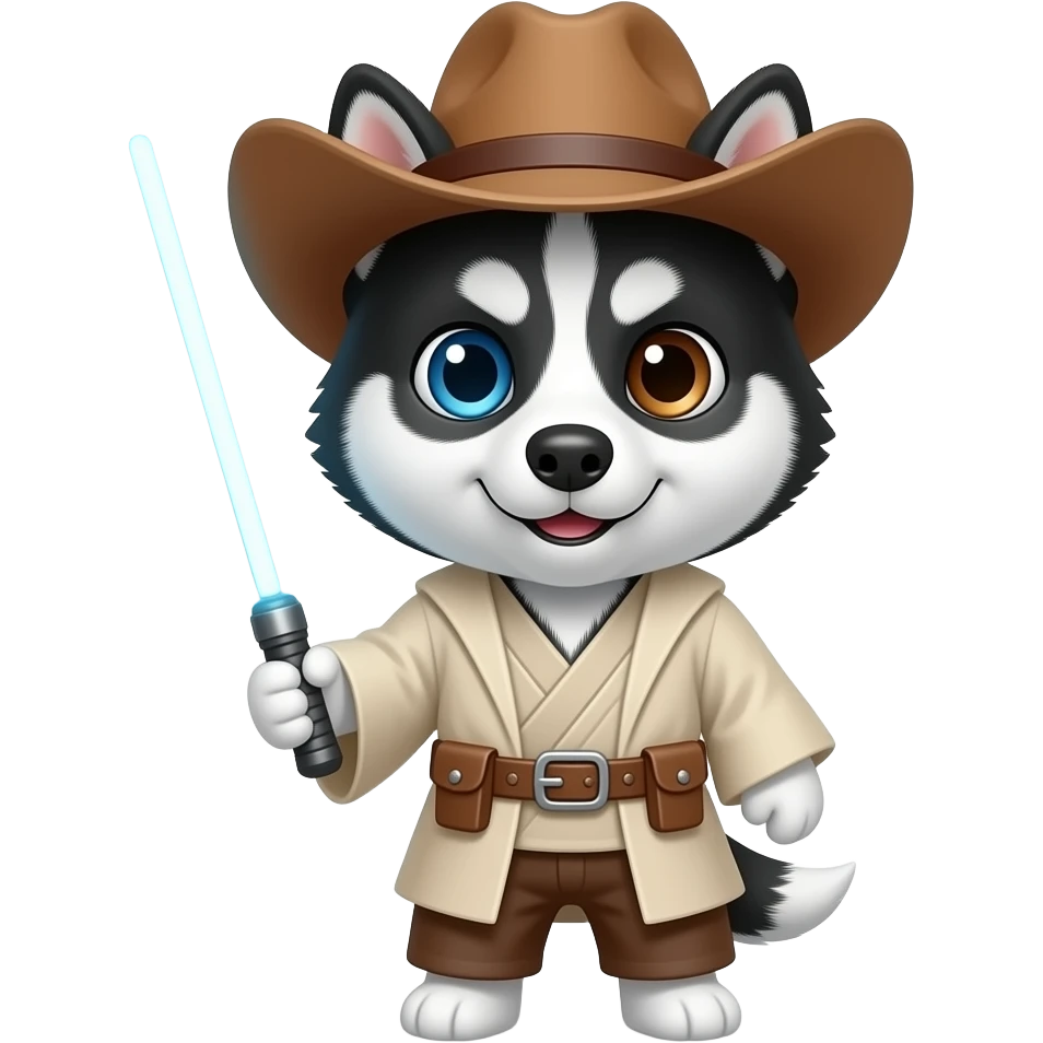 black Siberian Husky with one blue eye and one brown eye puppy wearing a cowboy hat dressed in Jedi clothing holding a light saber emoji