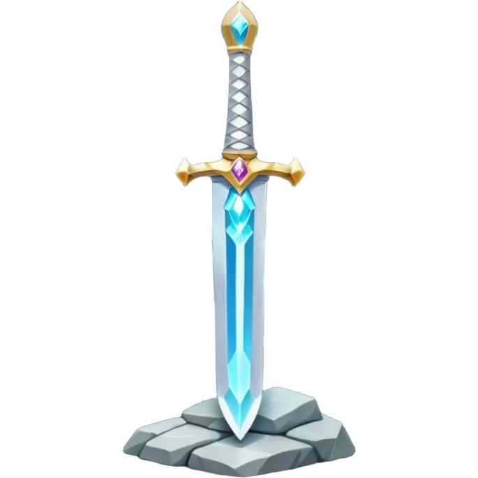 Shining silver sword with jeweled hilt, stuck in a stone, glowing aura.  emoji