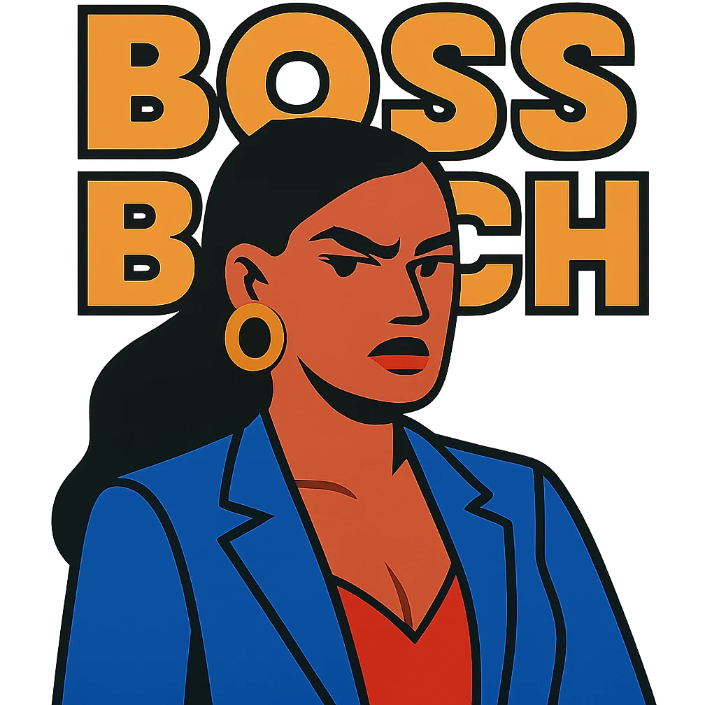 stern looking but sexy woman, bold text 'Boss Bitch' emoji