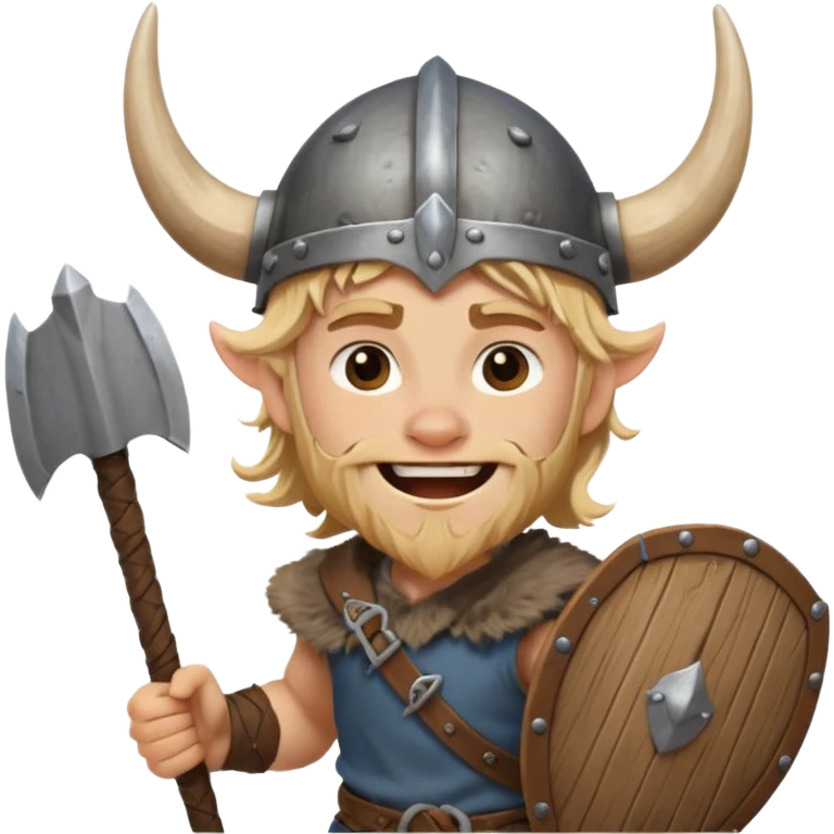 A young Viking warrior with messy hair, wooden shield, and fierce excited grin with horned helmet emoji