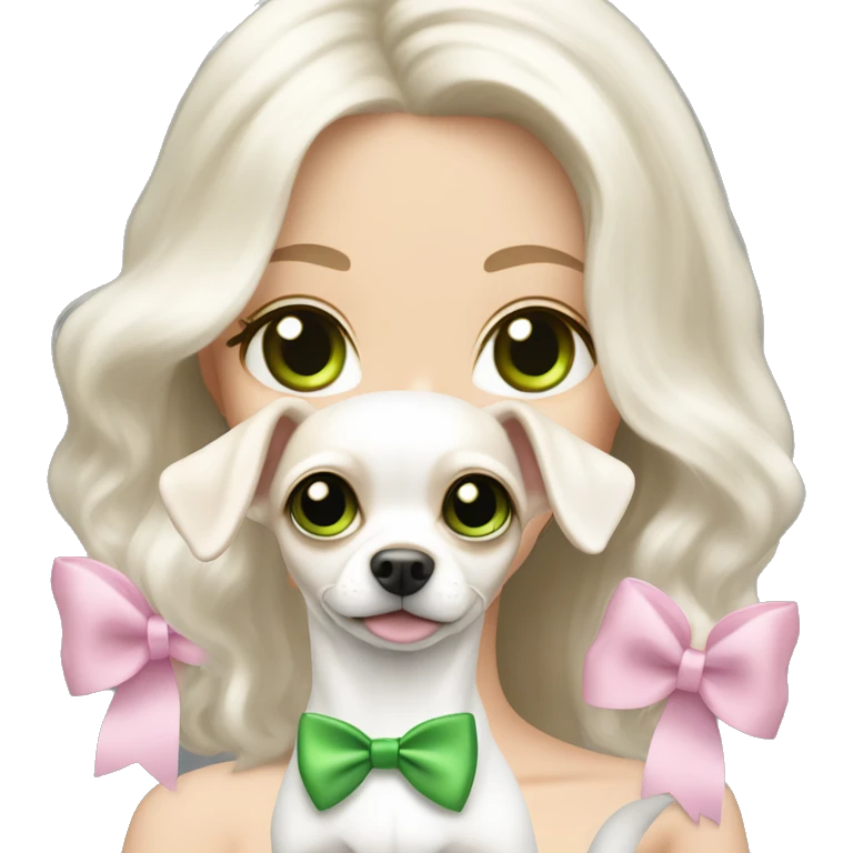 pale blond girl with wavy long platinum white hair with bright green eyes holding a white chihuahua that wearing a pink bow emoji