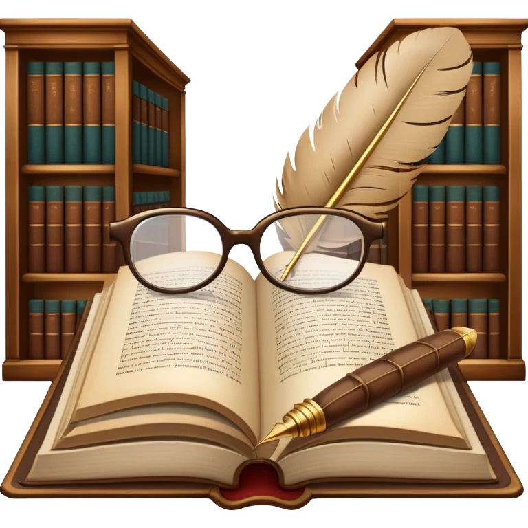 An icon featuring an open book with classic text, a feather quill, and reading glasses, symbolizing literary studies. The design includes old library shelves and vintage manuscripts in the background. Transparent background emphasizes the deep analysis of written works and literary history. emoji