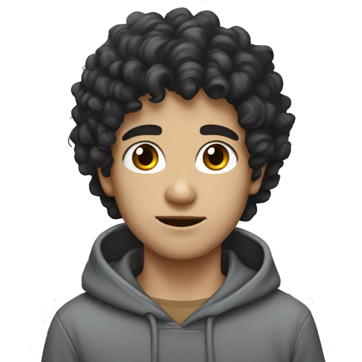 a white boy with black curly hair dark eyes grey hoodie  emoji