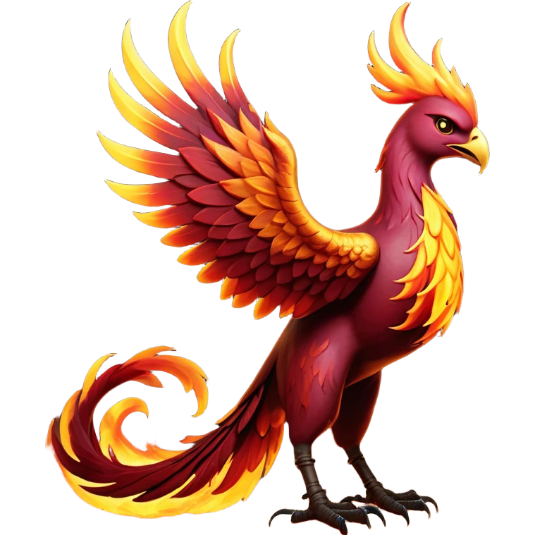 Cinematic Noble Battle-Hardened Mystical Fire Phoenix Portrait Emoji, with scorched, battle-scarred plumage in deep crimson, burnt gold, and smoldering ember hues. Its piercing eyes, hardened by countless conflicts, blaze with unyielding resolve and ancient wisdom. The elongated tail feathers bear vivid marks of fiery combat, rendered with lifelike texture and dynamic highlights, high shine, exuding an aura of mythic martial valor, focused and commanding, with a soft glowing outline that captures a phoenix forged in the fires of war. emoji