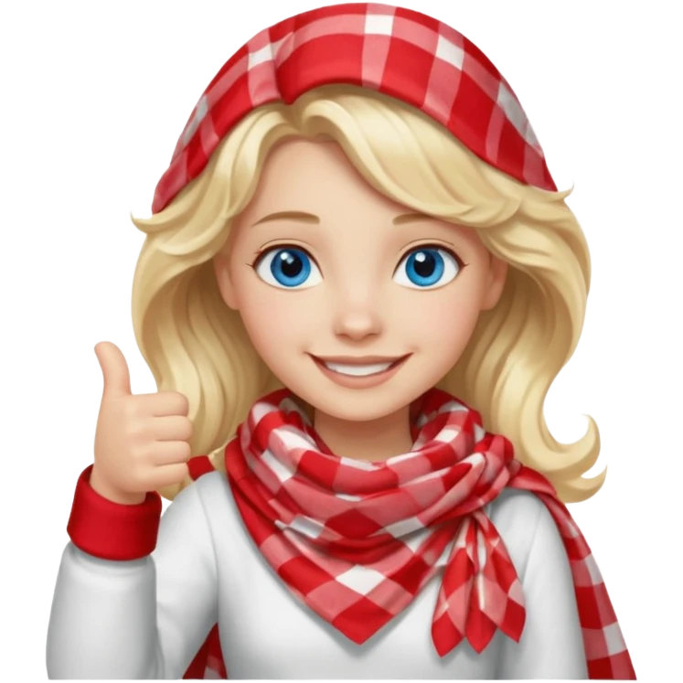 Blonde Girl Model, Blue Eyes, wavy hair, smiling, thumbs up, wearing red Checkered Triangle scarf, white dress emoji