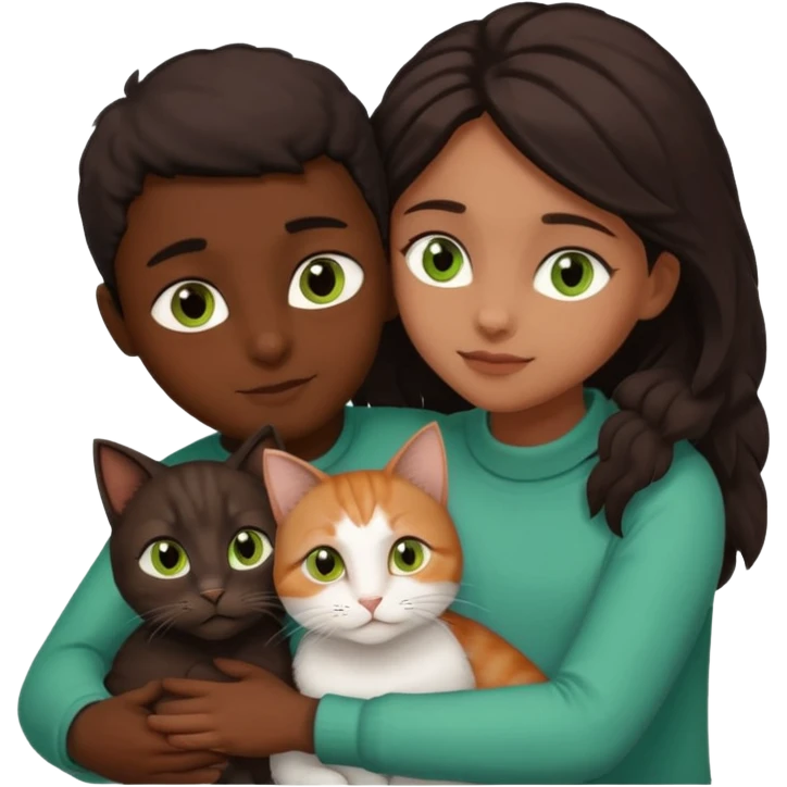 Crea un emoji donde salga un chico moreno con los ojos claros, una chica morena con los ojos marrones y SOLO UN gato europeo comun de pelaje oscuro y ojos verde claro, quiero que se esten abrazando y el gato este en el medio de los dos emoji