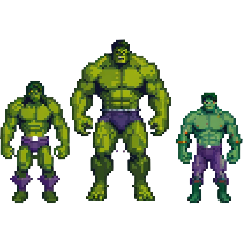 Classic Savage Hulk, Gray Hulk, and Professor Hulk forms in 8-bit style emoji