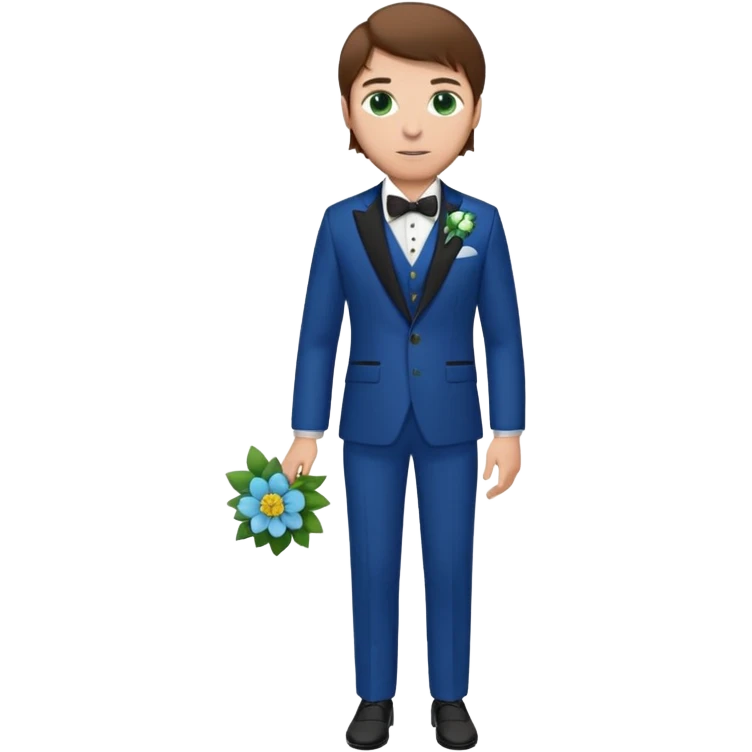 Chico blanco, pelo castaño, ojos verdes, traje boda azul y flor solapa , cuerpo entero emoji