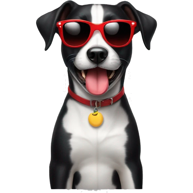Black short hair female dog with sunglasses and red lips  smiling with the tongue outside de mouth . The dog has a partial white chest emoji