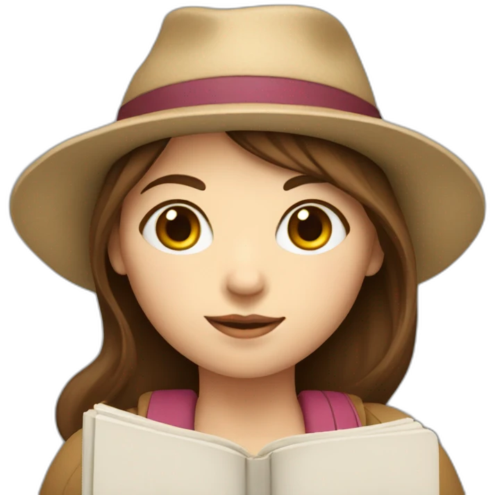 white skin, Girl with a hat, brown hair straight to the shoulders, holding a book emoji
