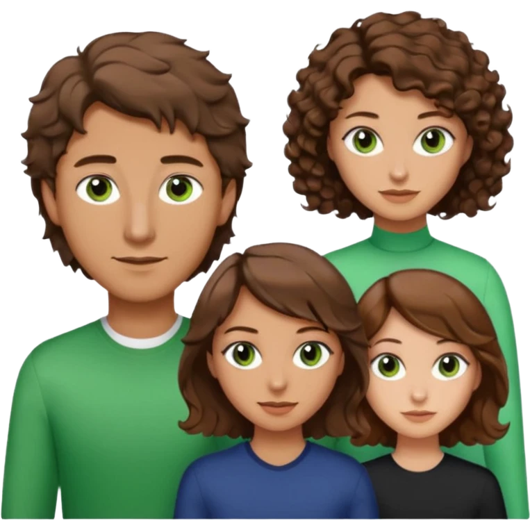 Man in the middle with brown hair and green eyes, women next to him with short brown hair with slight waves, taller women on right side with shoulder length curly hair and brown eyes emoji