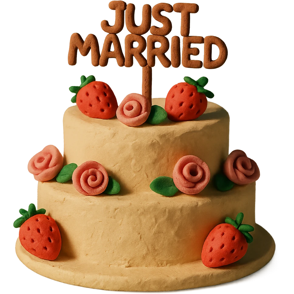 white wedding cake with strawberries, pink roses, 'Just Married' topper, claymation style emoji