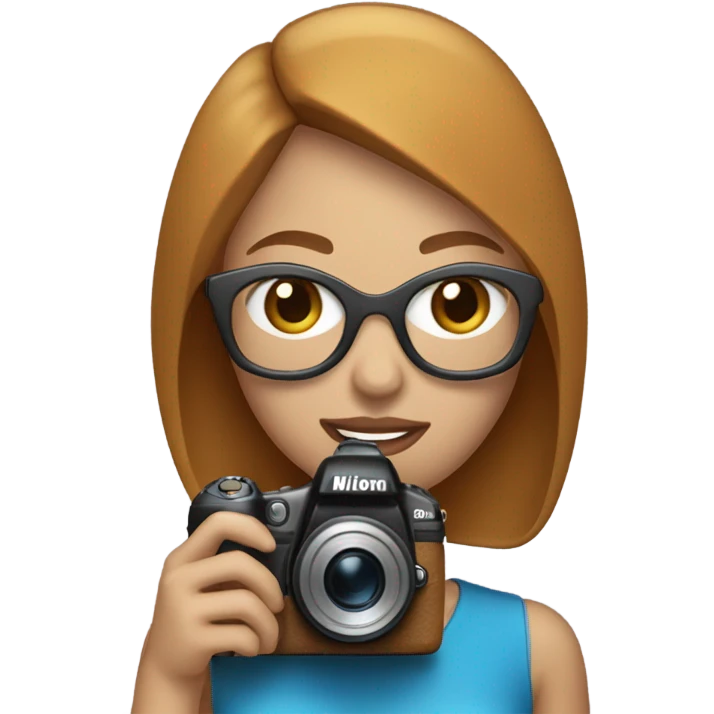 Portrait of stylish woman with blue eyes and caramel bob hair holding a nikon camera emoji