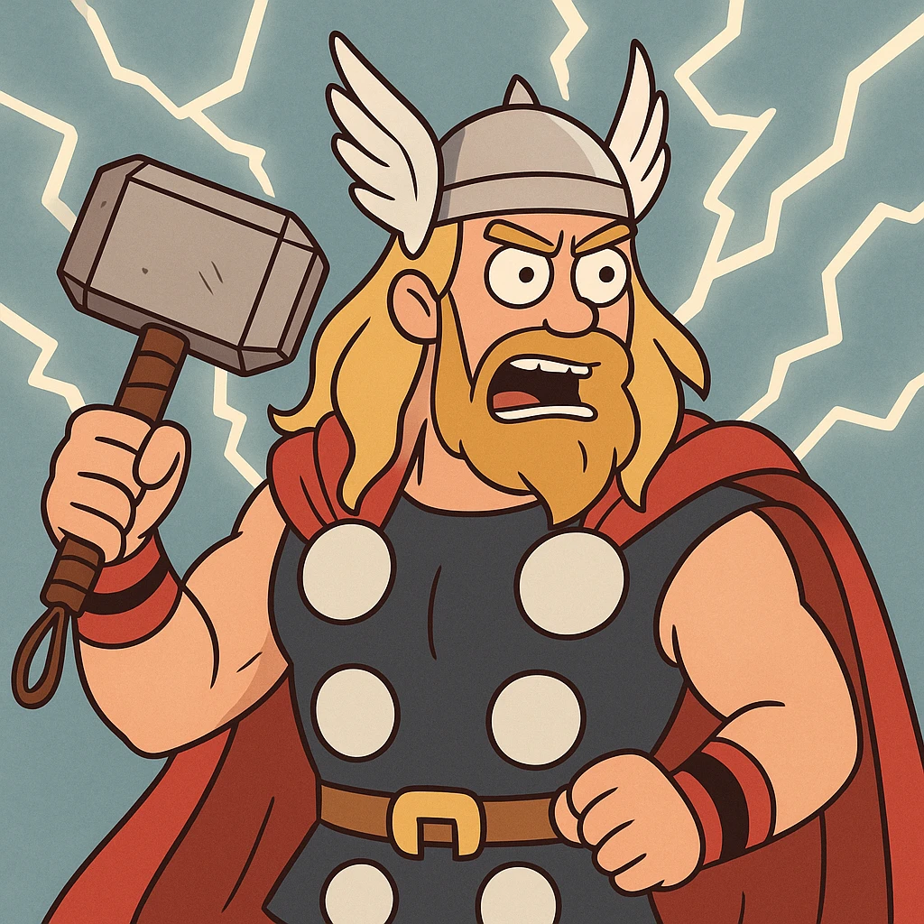 Thor, cartoon style, holding Mjolnir, lightning background emoji