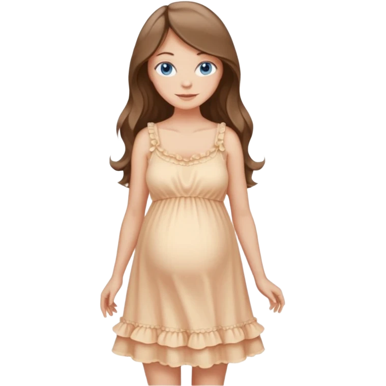 Beautiful Woman with Blue eyes, and long flowing almond brown hair and a light peachy tan skin tone, standing in a relaxed pose with a visible baby bump in frilly buttercream colored babydoll sundress  emoji