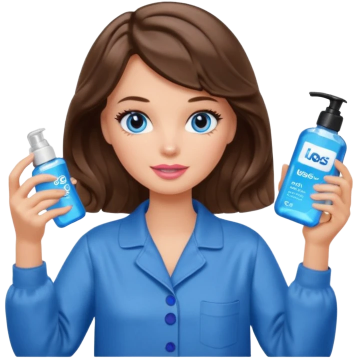 Barbie girl with makeup, blue eyes , and bob long haircut wavy, short brown hair in brown pajamas, face gel in hand emoji