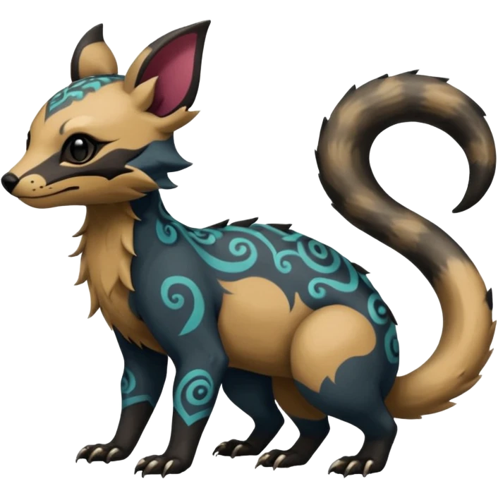 Rare warm-colored exotic cute epic aesthetic gothic colorful Salandit-Eevee-Civet-species-Fakemon-hybrid-creature, with intricate tattoo markings, full body emoji