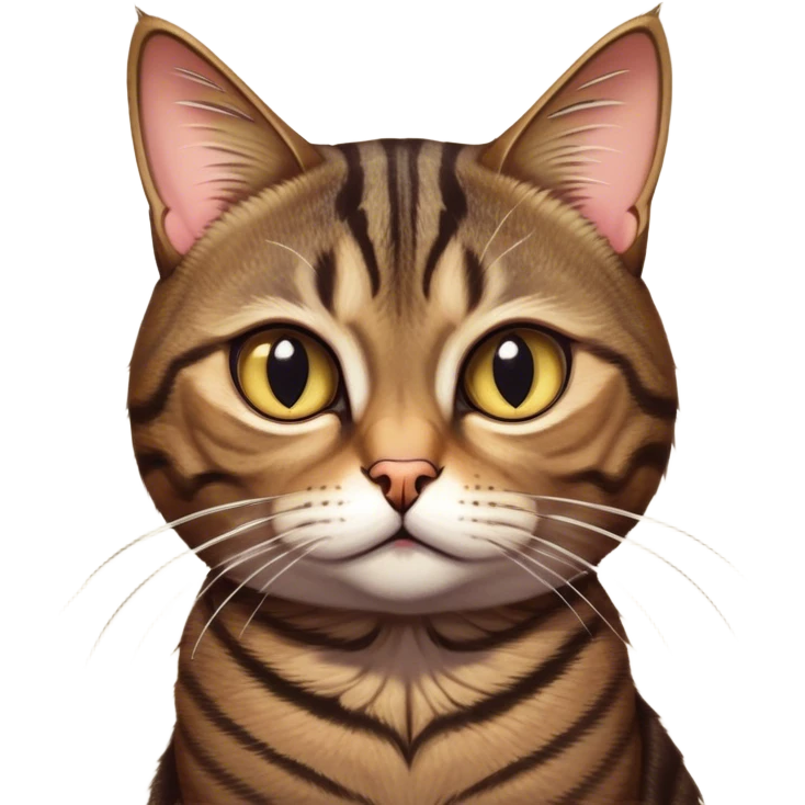 Cinematic Grumpy Brown Tabby Cat Portrait Emoji, Head tilted slightly with a deeply unimpressed expression, thick brown fur with dark, pronounced tabby stripes and a furrowed brow, large eyes narrowed into an unamused glare, whiskers slightly drooping in exasperation, Simplified yet comically expressive features, highly detailed, glowing with a dry, sarcastic glow, high shine, effortlessly judgmental yet dignified, stylized with a touch of cynicism, bright but brooding, soft glowing outline, capturing the essence of an eternally unimpressed yet endearing feline, so lifelike it feels like it could sigh heavily at you in disdain at any moment! emoji