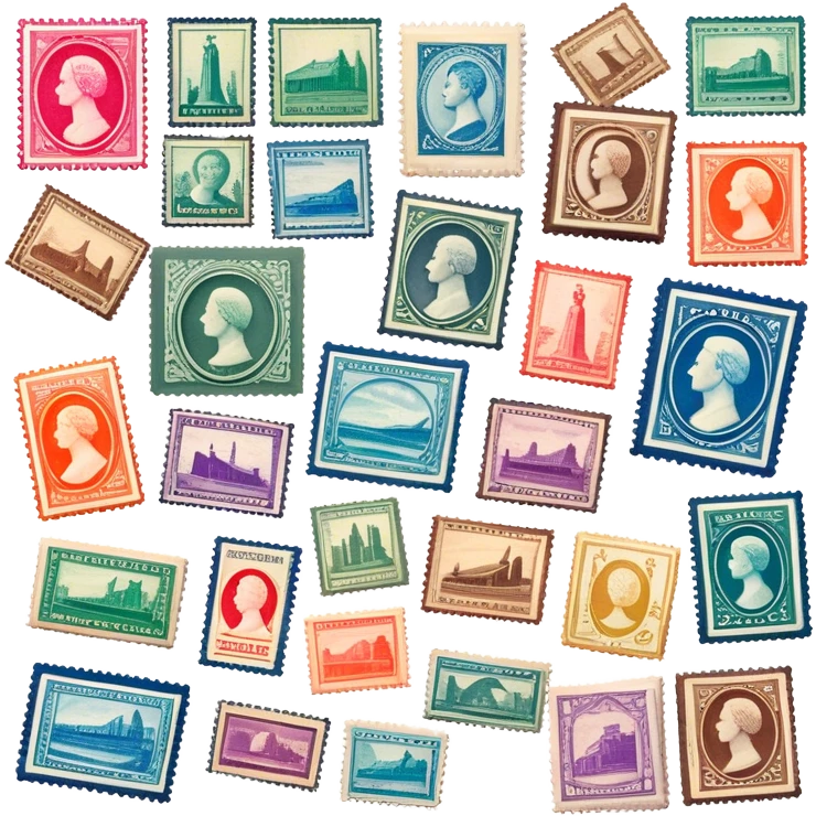 Icon for Stamp Collecting: a collection of vintage and colorful stamps arranged in an album or on a desk, with a large stamp block in the center showcasing different themes. The icon should reflect the charm and history of philately. Transparent background. emoji