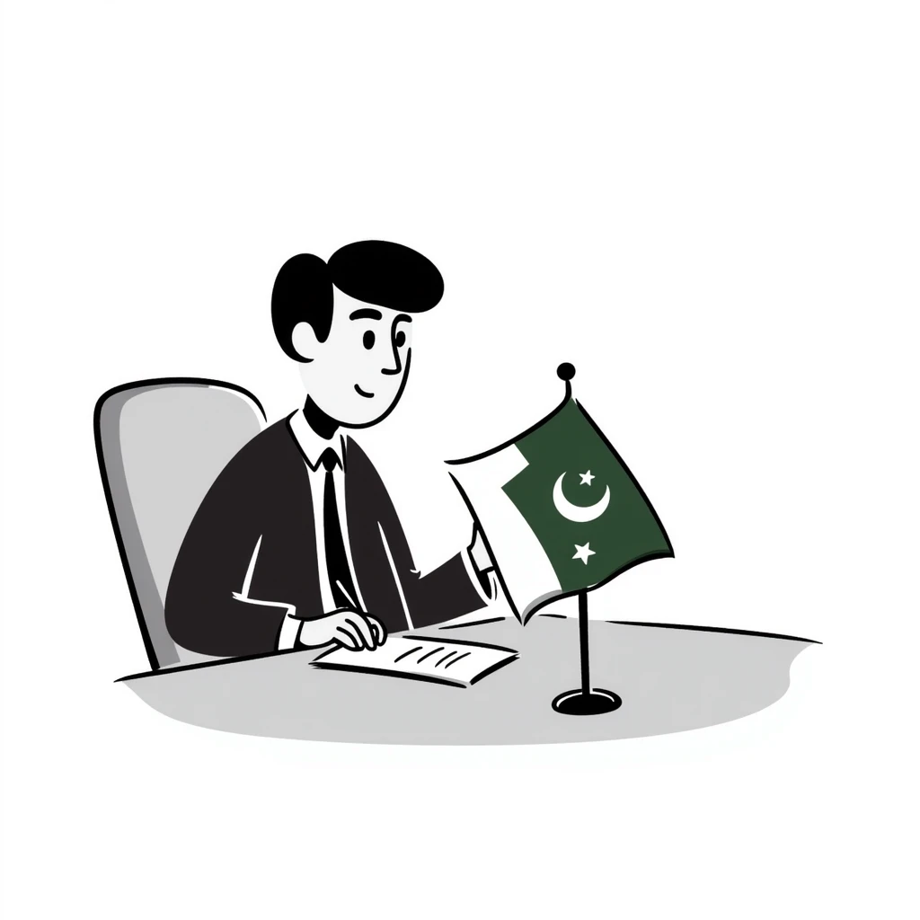 Pakistani diplomat at international conference with Pakistan flag on table emoji