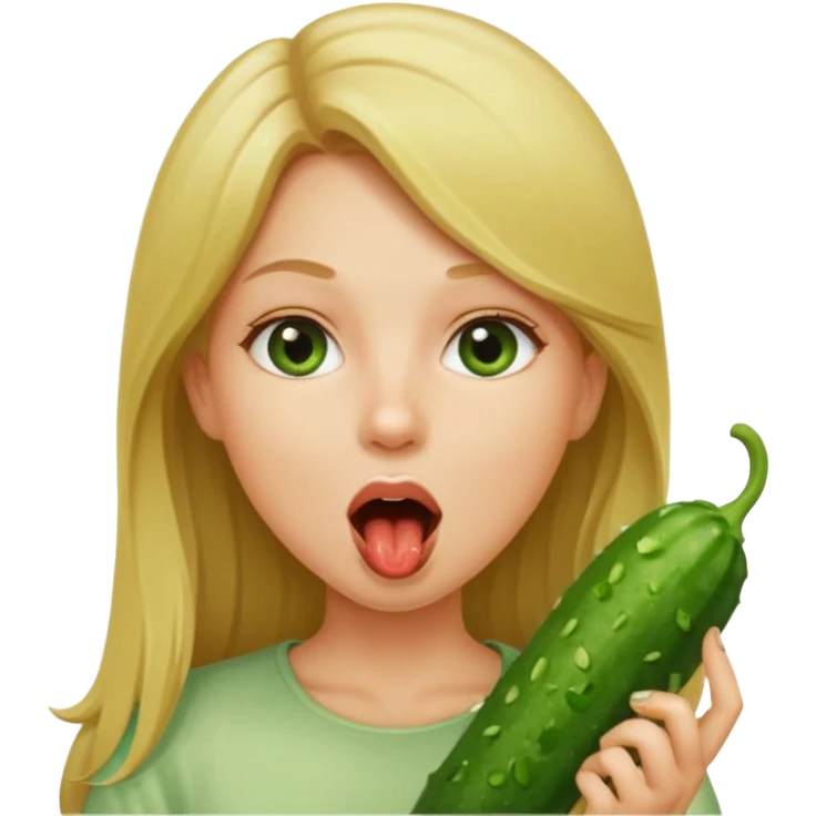 Girl mouth open. Cucumber going into her mouth straight up and down. dirty blonde hair emoji