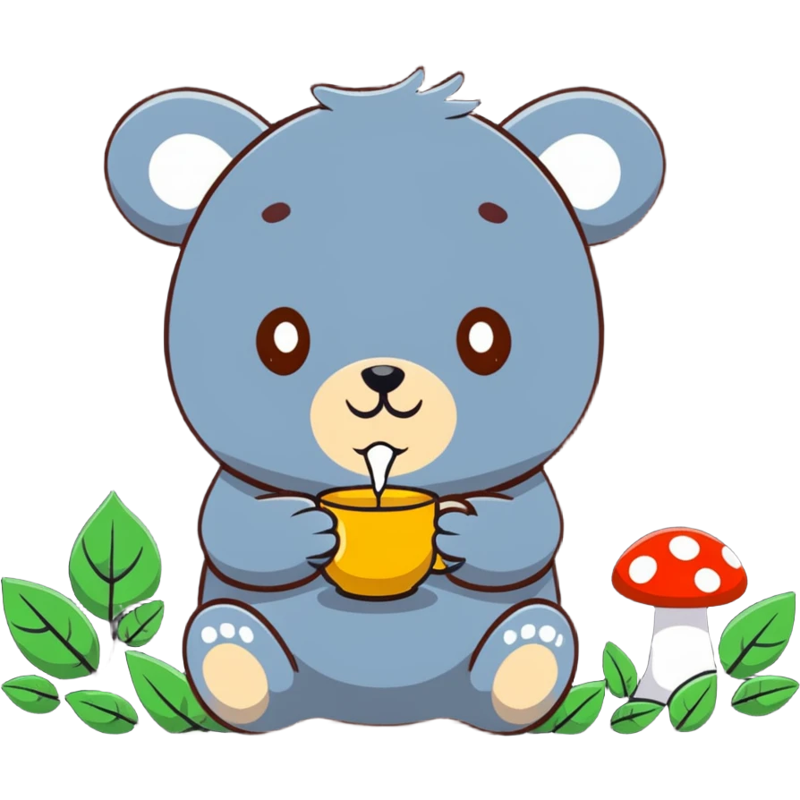little bear sipping tea in the forest, surrounded by leaves and mushrooms emoji