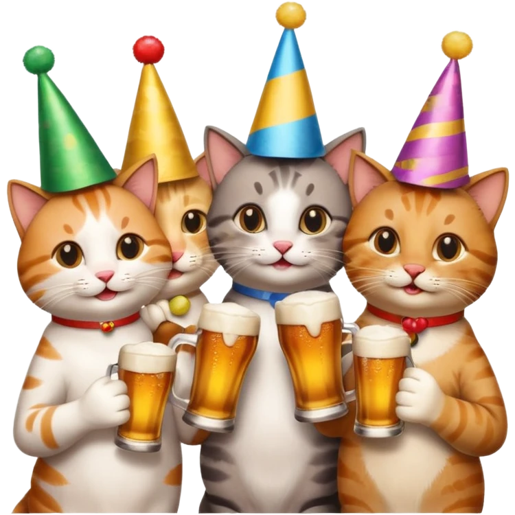 four happy cats drinking beers together toasting emoji