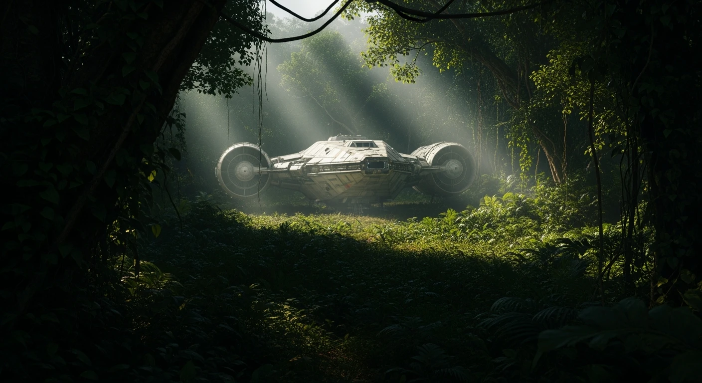 cinematic still, Medium shot, amazon jungle,  starship landing on ground, inspired by StarWars movie, captured by arri alexa emoji