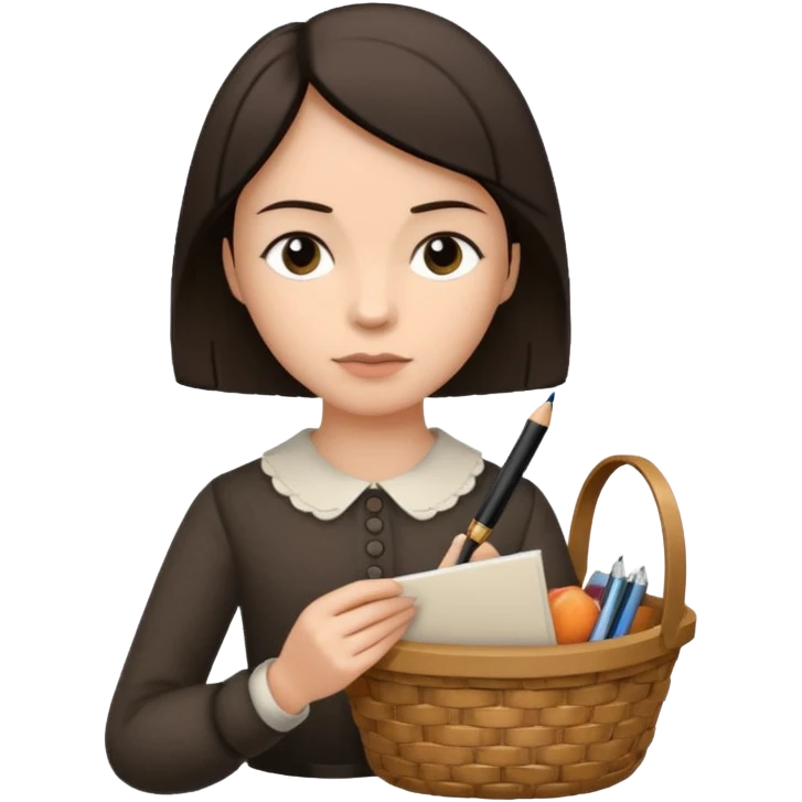 Thoughtfut emily dickinson with baskwt on her ar. emoji