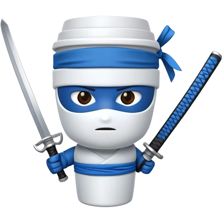A cartoon to-go coffee cup with a blue ninja headband around the lid and holding a katana sword emoji