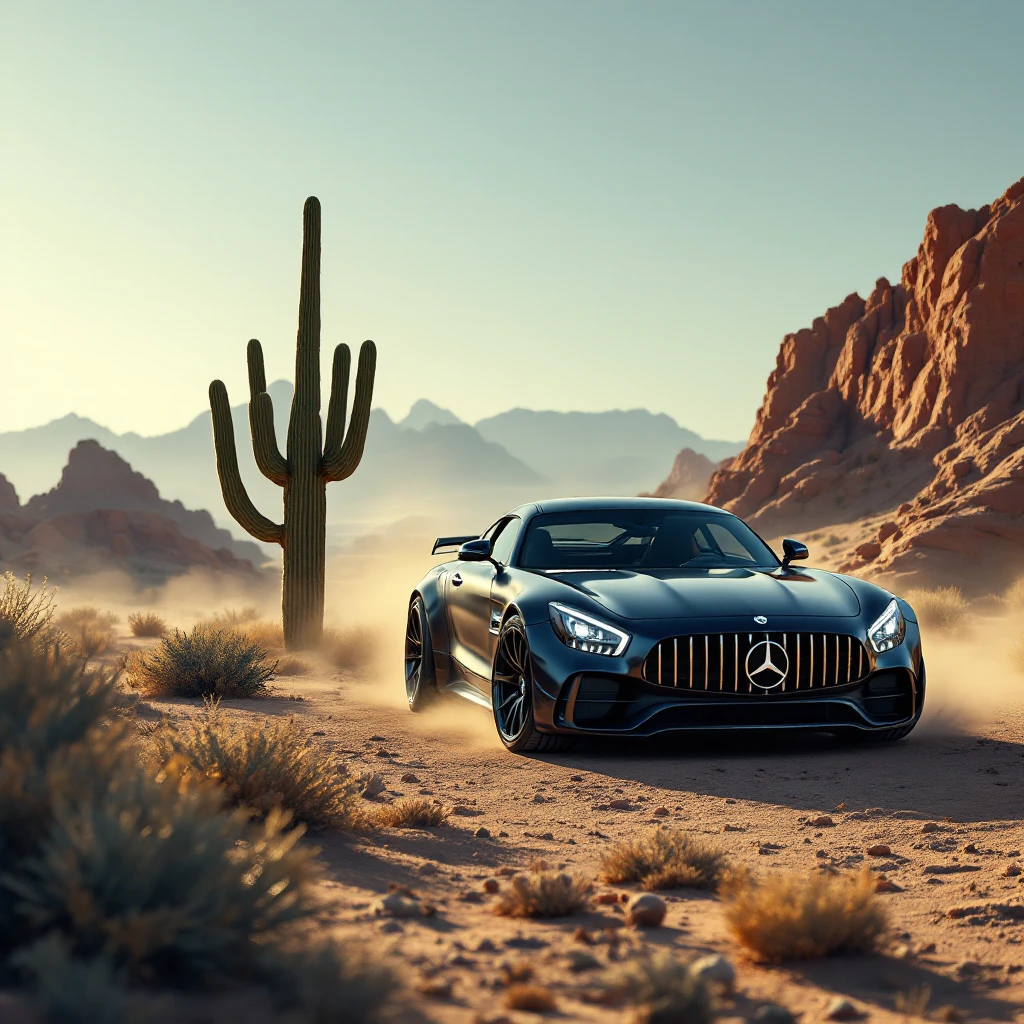 mercedes amg on desert next to cactus faun, cinematic emoji