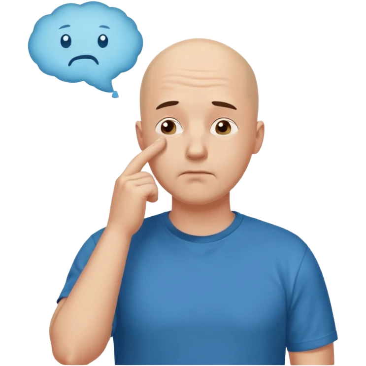 bald man with t-shirt, doubting face, hand on chin looking up, thought bubble emoji