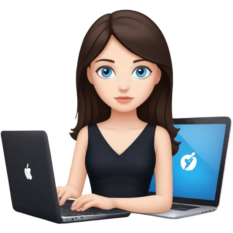 A brunette woman, with blue eyes, with a Laptop, wear a Black dress emoji