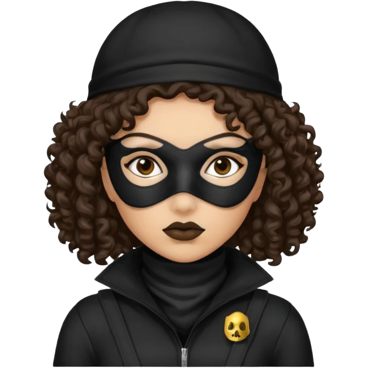 woman with robber mask concerned dark curly hair and robber outfit emoji