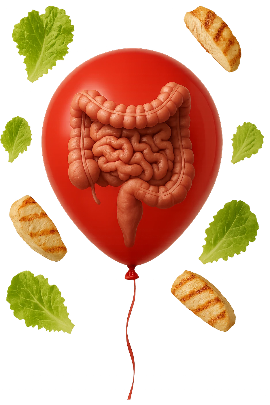 intestino anatomico realistico chiuso in un palloncino rosso e foglie di insalata e petto di pollo grigliato che fluttuano intorno emoji